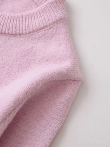 Close-up of pink wool blend cardigan neck ribbing showing soft knit texture