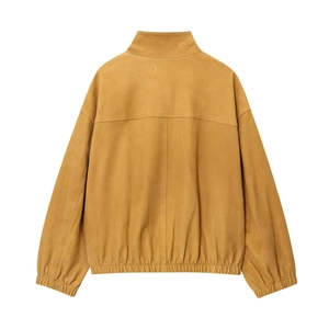 Back view of a mustard yellow faux leather bomber jacket with high collar and ribbed hem