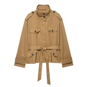 Women Khaki Short Trench Coat Jacket Vintage Utility Style Stand Collar Belted Waist Long Sleeve Flap Pockets Outwear