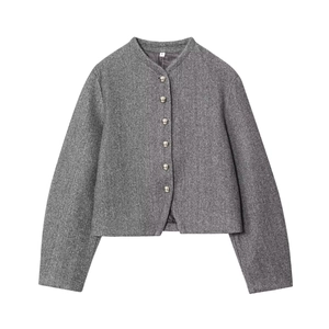 Women's minimalist dark grey cropped wool jacket with stylish silver sphere buttons