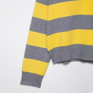 Classic yellow and grey striped knit polo sweater featuring ribbed cuffs and a relaxed fit