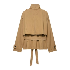 Back view of a khaki short trench coat featuring a high collar and adjustable waist belt