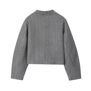 Back view of a grey short wool blend jacket featuring drop shoulder and vertical seam detail
