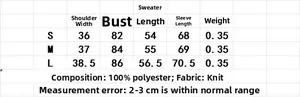 Size chart for women's knit cardigan with measurements in S, M, L for bust and sleeve