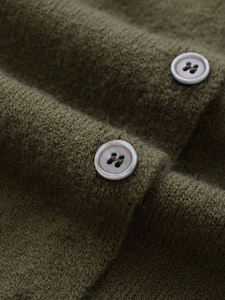 Detail of olive green wool blend cardigan featuring textured knit and marble-effect buttons