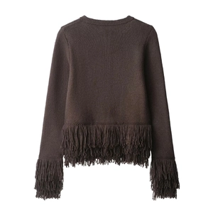 Dark brown round neck knit cardigan featuring stylish tassel fringe hem and long sleeves