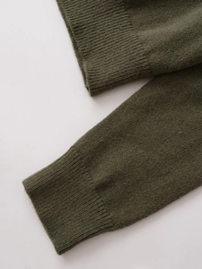 Detail view of dark green wool blend cardigan with premium ribbed knit cuffs texture