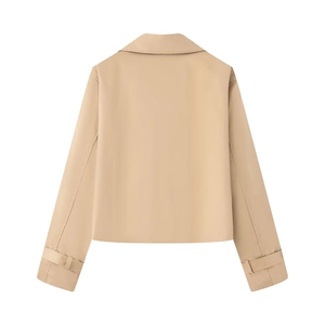Women's short double-breasted trench coat in khaki with lapels and adjustable cuffs