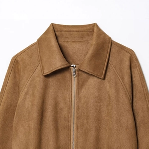 Vintage camel faux suede cropped jacket with lapel collar and metal zipper closure
