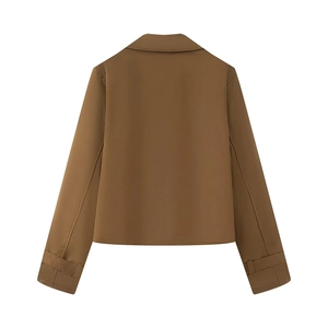 Back view of a short khaki double-breasted trench jacket with cuff strap details