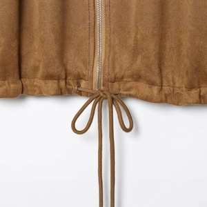 Vintage brown suede cropped jacket with silver metal zipper and drawstring waist detail