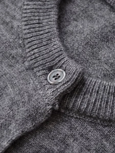 Close-up of ribbed knit texture on a wool blend cardigan with matte button detail