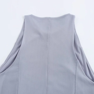 Detail of round neck and back seam on blue-grey sleeveless dress with mesh texture