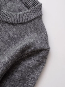 Close-up of a grey wool blend cardigan sweater showing ribbed neckline and soft knit texture
