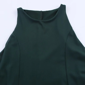 Detail of round neckline and mesh texture on dark green sleeveless long maxi dress