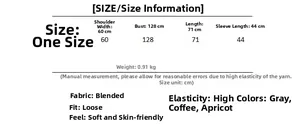 Detailed size chart and material specifications for oversized hooded knit cardigan