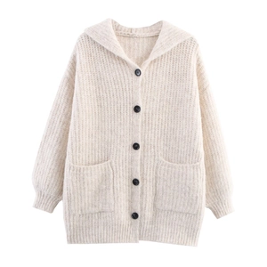 Oversized oatmeal knit cardigan with hood, front buttons, and pockets on white background