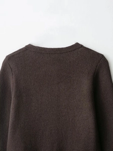 Close-up of neckline and shoulder stitching on dark brown knit cardigan jacket