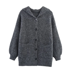 Women's oversized dark grey hooded knit cardigan sweater with buttons and large pockets