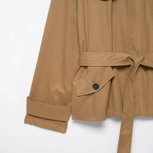 Classic khaki long-sleeve trench coat with waist tie and detailed twill texture fabric