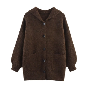 Women's dark brown hooded knit cardigan sweater with buttons and front pockets