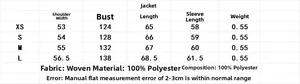 Size chart for hooded coat showing shoulder, chest, and length measurements in centimeters
