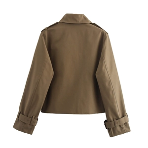 Back view of a cropped khaki trench jacket with epaulettes and adjustable cuff straps