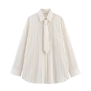 Chemise à Manches Longues Rayée en Polyester pour Femmes Avec Cravate Assortie Coupe Ample Col Rabattu Beige Haut Blouse