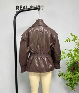 Detail of dark brown faux leather jacket with double collar and elastic waist design
