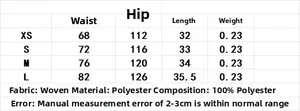 Size chart table for polyester skorts with waist, hip, length, and weight data in cm