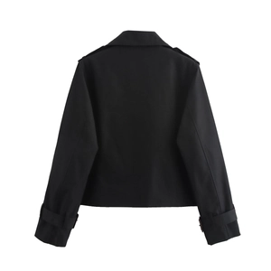 Rear view of cropped black jacket featuring epaulettes and adjustable cuff straps