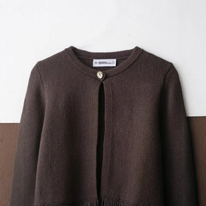 Brown knit cardigan with vintage gold relief button and textured crew neck for women