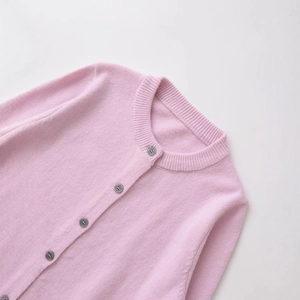Classic round neck light pink wool blend knitted cardigan with premium grey buttons