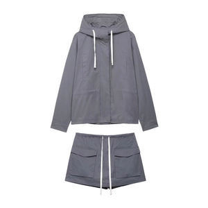 Women Hooded Jacket And Cargo Skorts Two-Piece Outfit Sporty Streetwear Polyester Non-Iron Casual Top And Bottom Wear