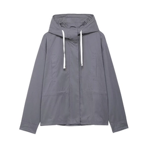 Chic dark grey oversized hooded jacket with white drawstrings and large front pockets