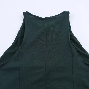 Close-up of the dark green sleeveless dress collar with detailed ribbed knit texture