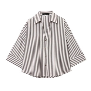 Women Casual Striped Loose Fit Blouse Polo Collar Long Sleeve Button Up Shirt Elegant Office Commute Patchwork Tops