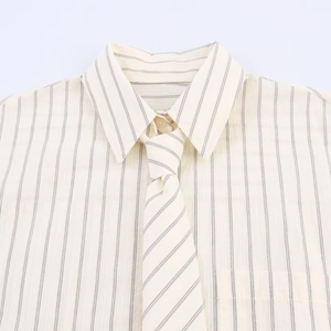Gros plan sur le col d'une chemise rayée beige clair avec sa cravate assortie pour femme