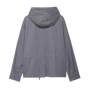 Rear view of casual hooded jacket showing back slit detail and smooth grey fabric texture