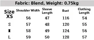Size chart table for women faux suede jacket with measurements for XS to L sizes