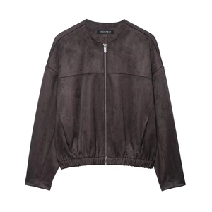 Vintage Women Faux Suede Jacket Round Neck Zip Up Loose Fit Short Coat With Pockets Long Sleeve Casual Outerwear