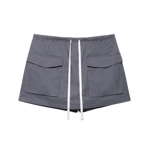 Women's dark gray cargo shorts with elastic drawstring waist and large flap pockets