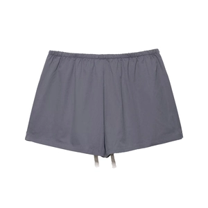 Detailed view of dark grey casual shorts featuring elastic waistband and drawstring detail