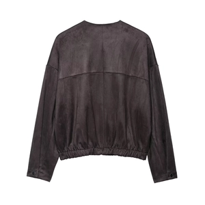 Back view of a dark grey faux suede jacket with round neck and elasticated hemline