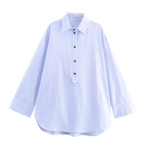 Women Elegant Striped Long Sleeve Poplin Shirt Loose Fit Lapel Collar Casual Commuter Blouse Tops Single Breasted Fashion Office Wear