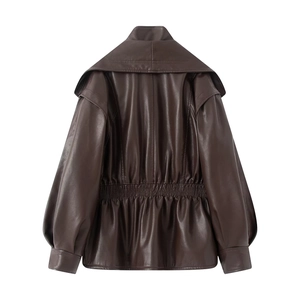 Deep brown faux leather jacket with wide collar and elasticated waist from the back view