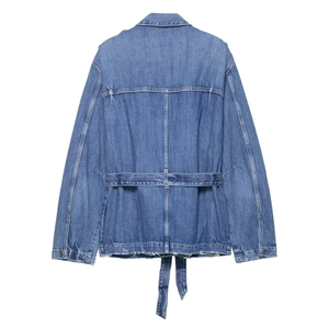 Long-line washed blue denim jacket with turn-down collar and matching waist belt
