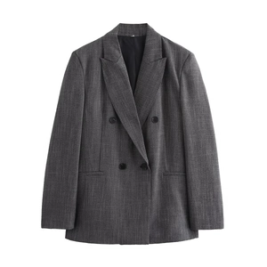 Women Elegant Double Breasted Padded Shoulder Blazer Jacket Dark Gray Tweed Texture Polyester Commute Office Suit Jacket