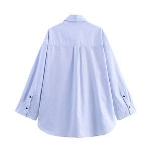 Women's light blue striped poplin shirt with a dropped shoulder and pleated back detail