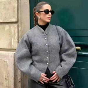 Fashion Women Short Woolen Style Jacket Round Neck Silver Metal Buttons Long Sleeve Casual Solid Color Autumn Winter Top